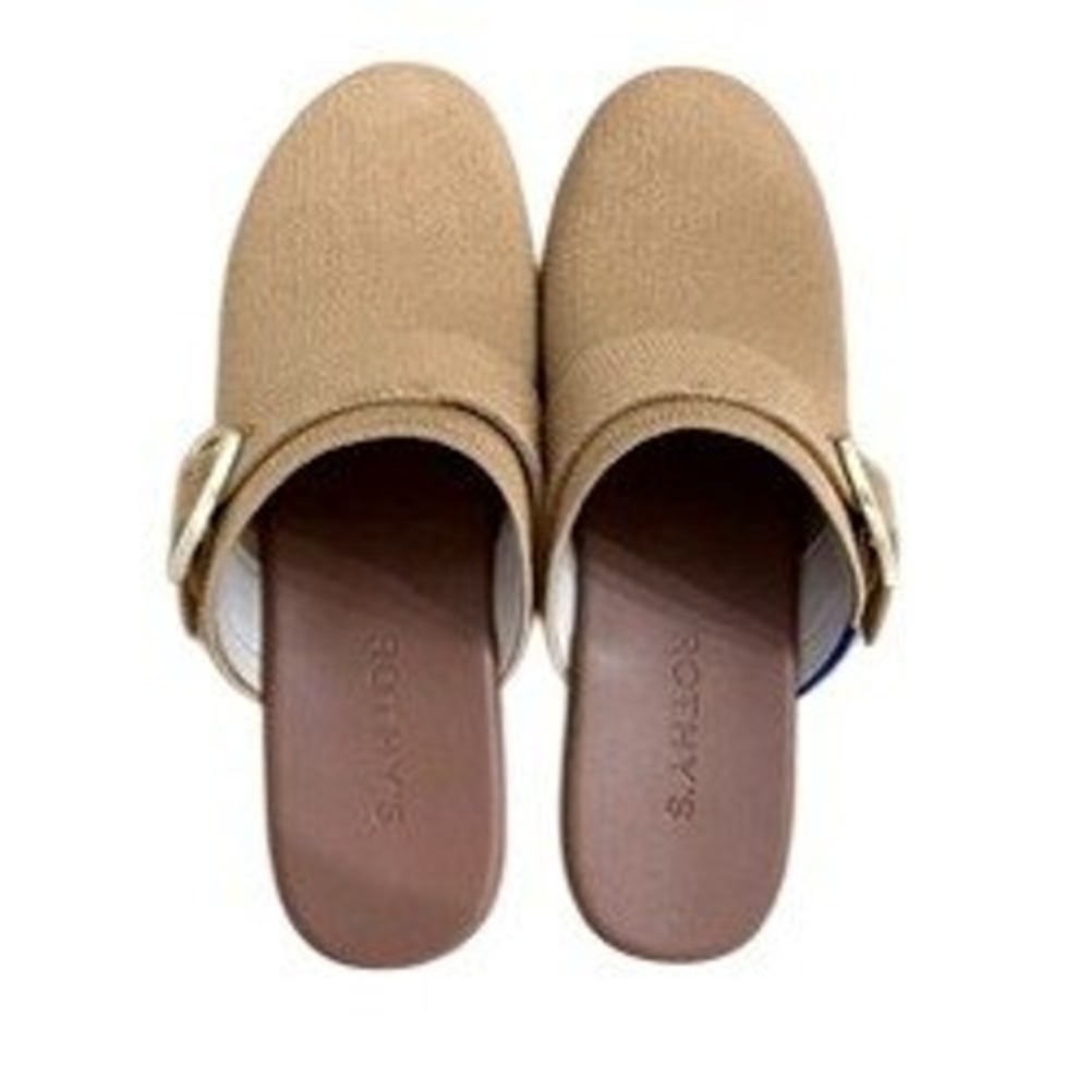 Rothys The Classic Buckle Clog Camel‎ Tan Knit Gold Buckle Platform Mules 7.5 - Picture 4 of 5